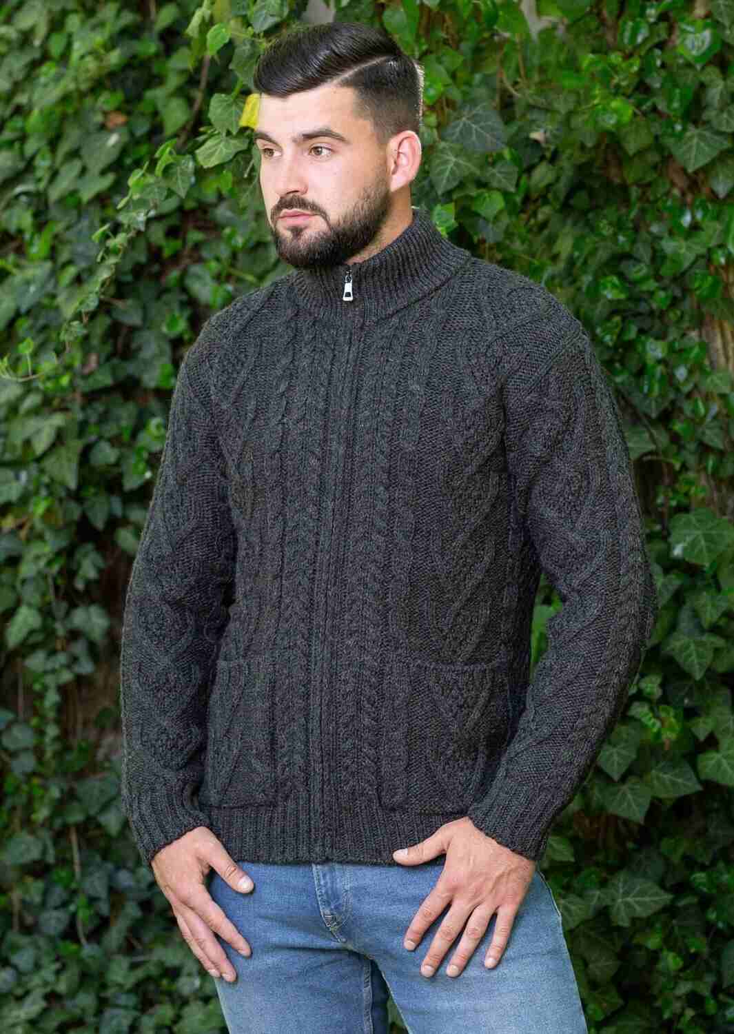 Men's Charcoal Aran Zipper Cardigan