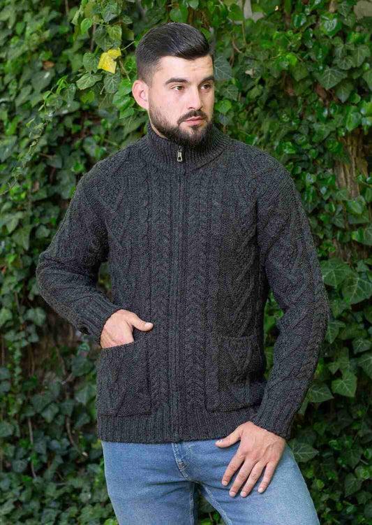 Men's Charcoal Aran Zipper Cardigan