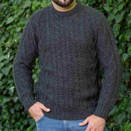 Men's Traditional Aran Crew Neck Charcoal Sweater