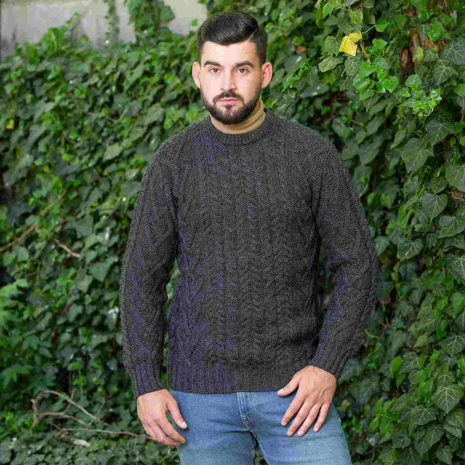 Men's Traditional Aran Crew Neck Charcoal Sweater