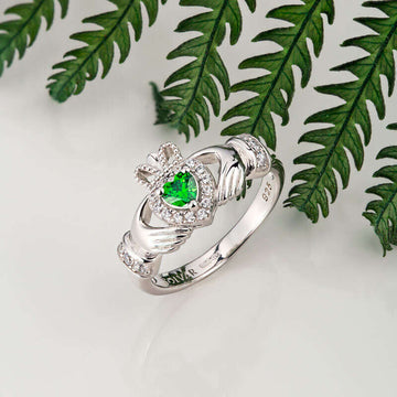 Green Cubic Zirconia Silver Claddagh Ring