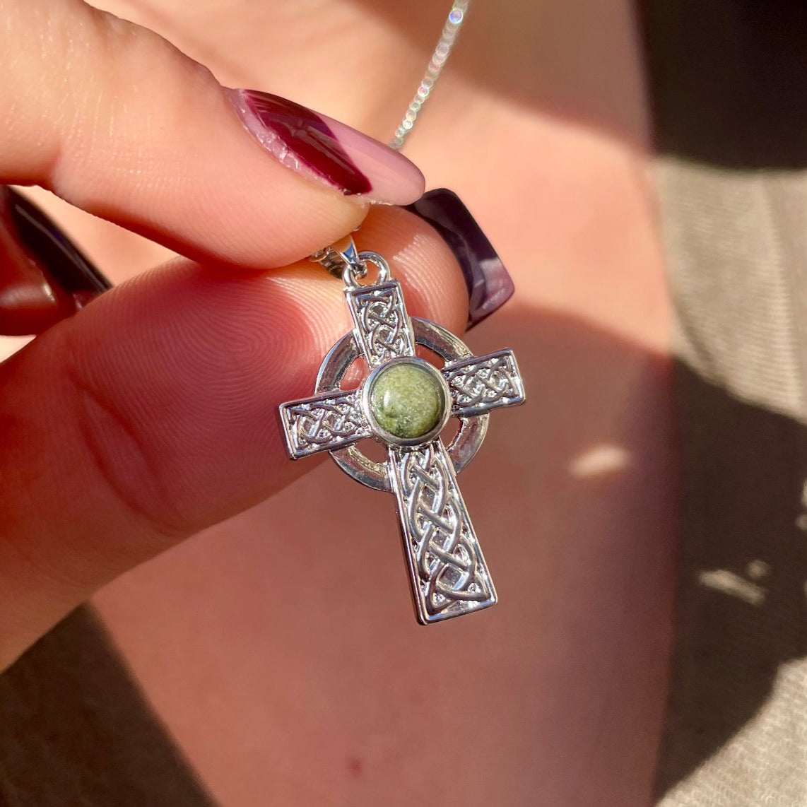 Silver Connemara Marble Celtic Cross Necklace