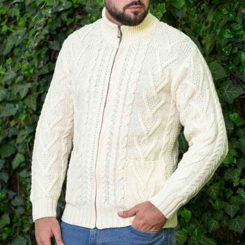 Men's White Aran Full Zipper Cardigan