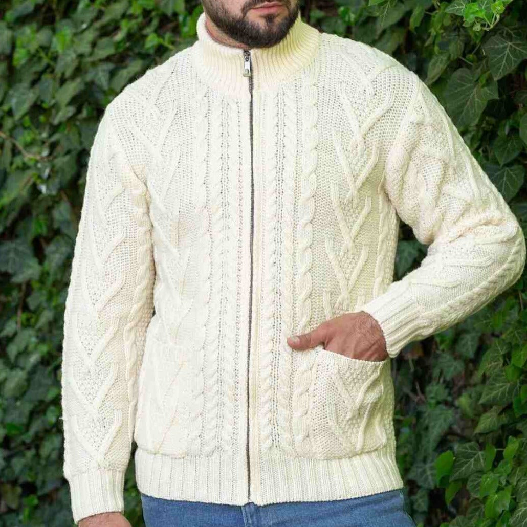 Men's White Aran Full Zipper Cardigan