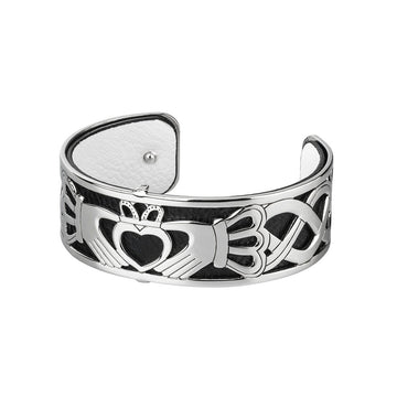 Rhodium Plated Leather Claddagh Cuff Bangle