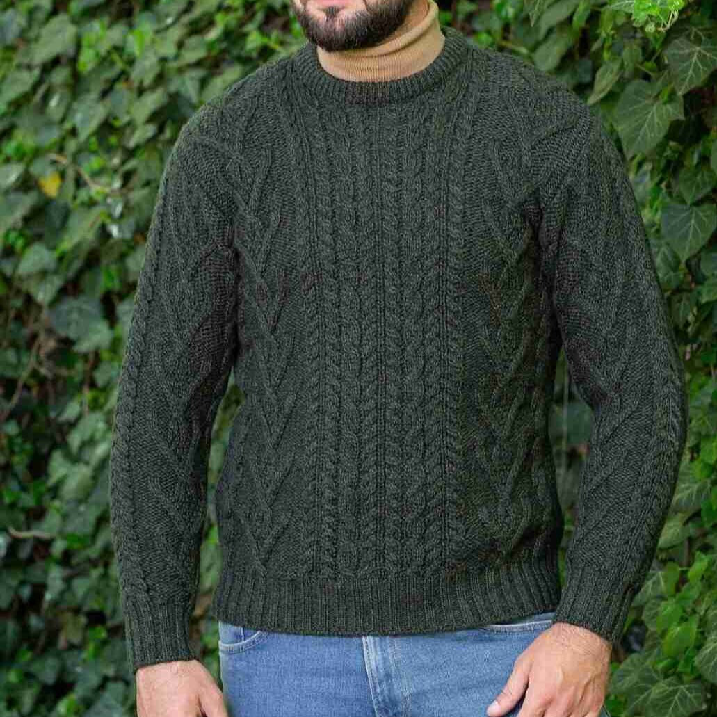 Men's Traditional Aran Crew Neck Green Sweater