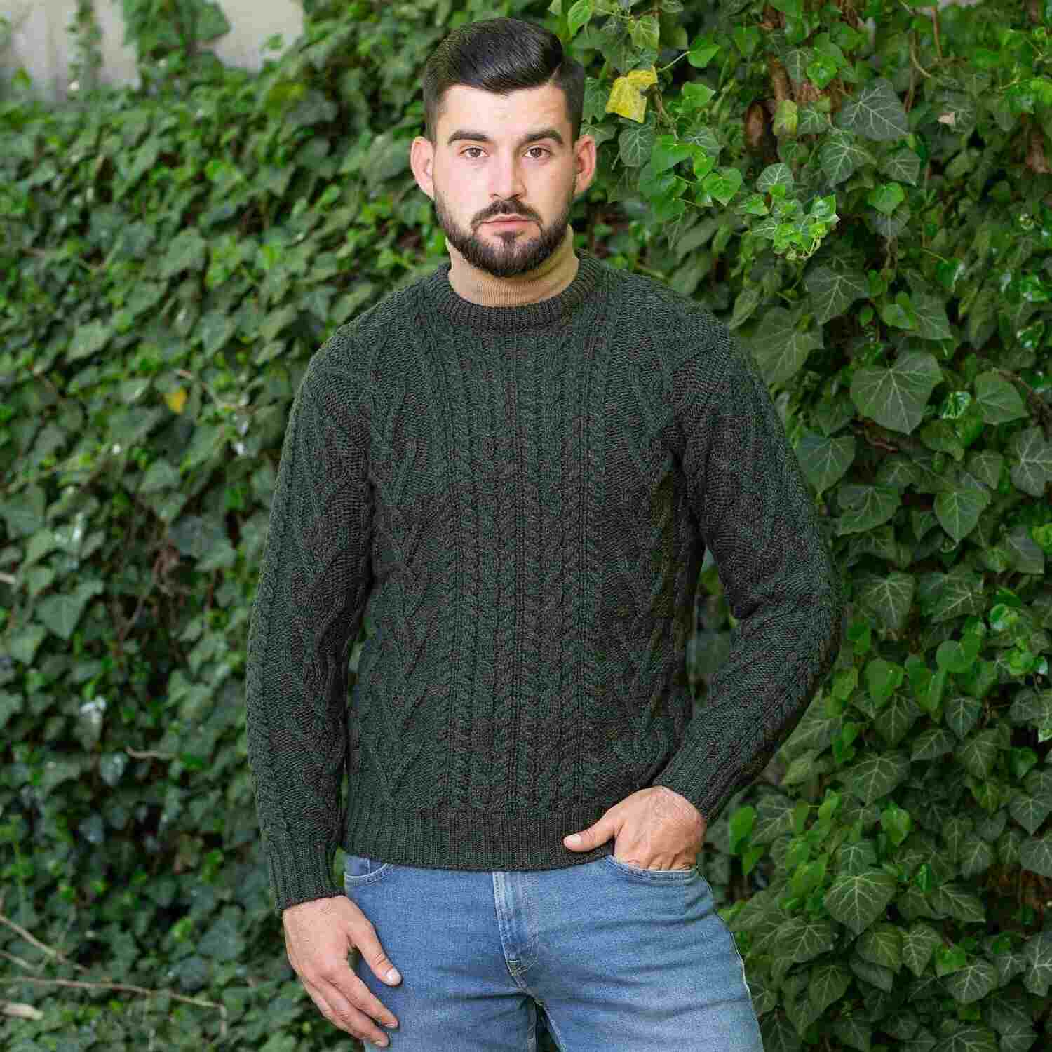 Men's Traditional Aran Crew Neck Green Sweater