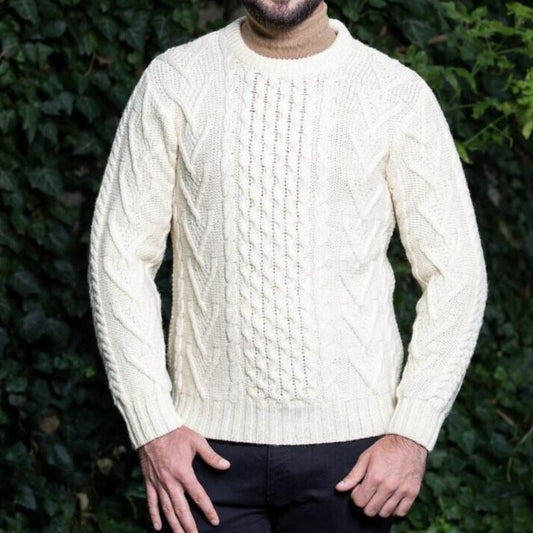 Men's White Traditional Aran Crew Neck Sweater