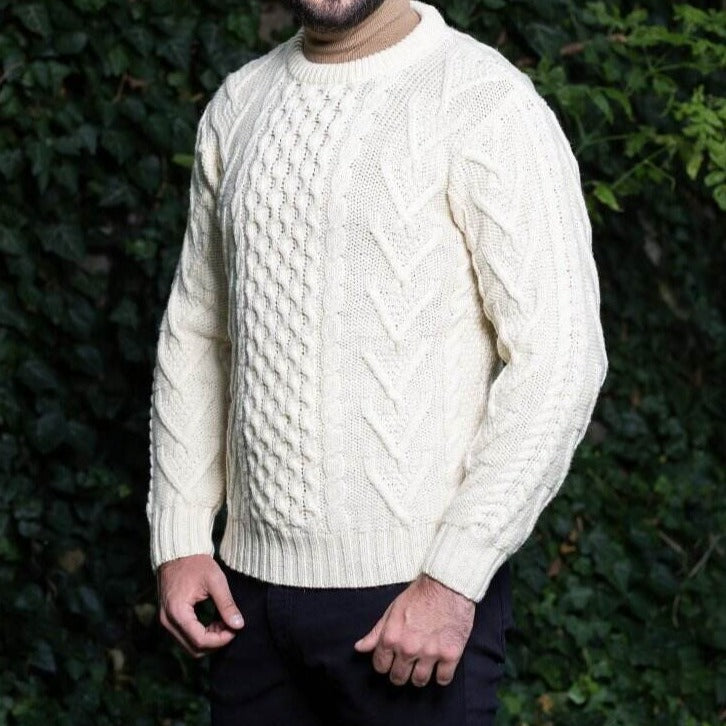 Men's White Traditional Aran Crew Neck Sweater