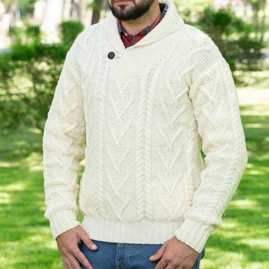 Men's White Shawl Collar Button Aran Sweater