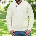 Men's White Shawl Collar Button Aran Sweater